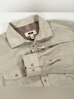 Joseph Abboud Mens 100% Linen Shirt Large L Tan Beige Roll Tab European Fabric